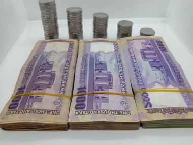 Bangladeş banknot destesi ve para beyaz arka planda