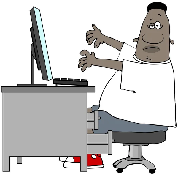 コンピューターに座ってびっくりした黒人男性のイラスト — ストック写真