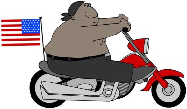 Bir Amerikan bayrağı spor bir motosiklet sürme büyük, gömleksiz siyah bir adam çizimi.