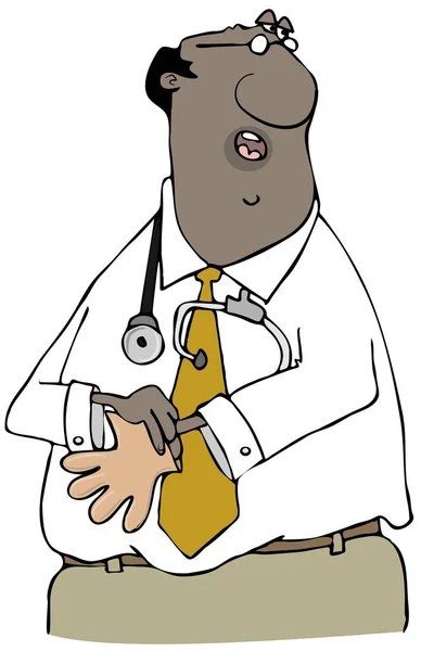 Illustration of a male black physician putting on rubber gloves.