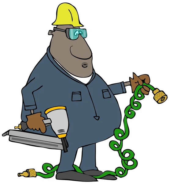 Ilustración Trabajador Construcción Negro Que Lleva Mono Sombrero Duro Con — Foto de Stock