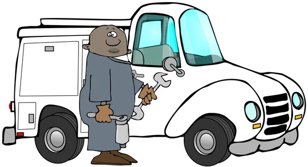 Illustration of a black man wearing coveralls and holding tools standing beside his work truck.