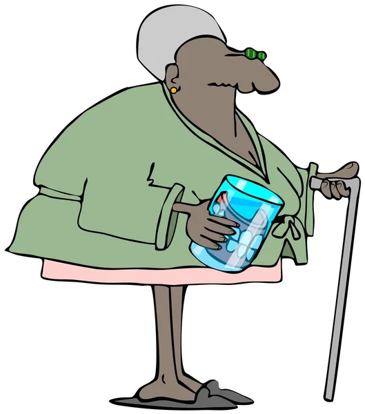 水のグラスの中の彼女の入れ歯を運ぶローブで年配の黒人女性のイラスト — ストック写真