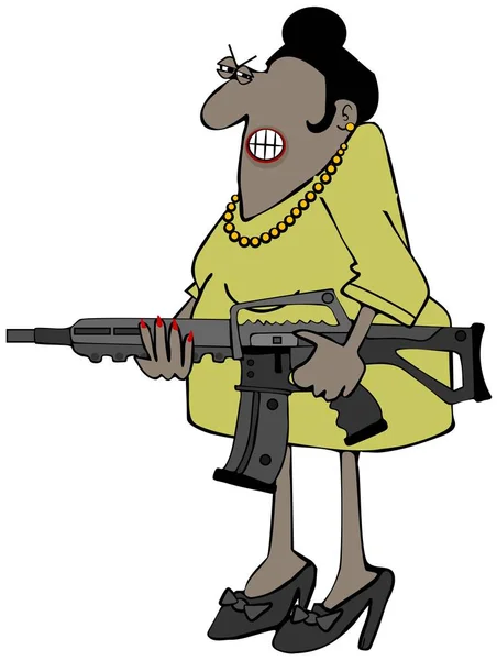 Ілюстрація Розлюченої Чорної Жінки Сукні Тримає Штурмову Гвинтівку — стокове фото