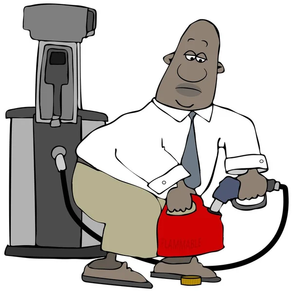 Illustration of a black businessman filling up a plastic gasoline container at a pump.