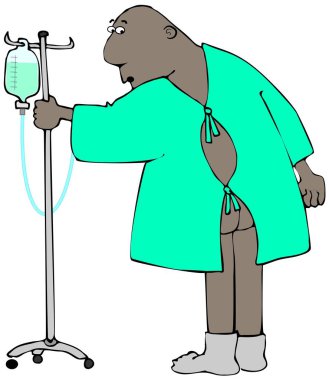 Illustration of a male black patient wearing a hospital gown open in the back exposing his butt. clipart