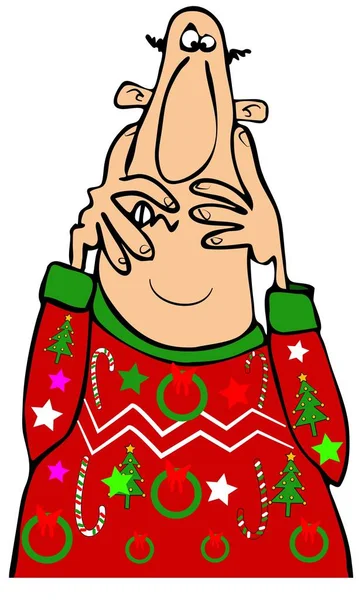 Illustration of a bald man covering his face because of being frightened by his own ugly Christmas sweater.