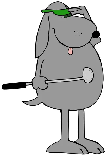 Illustration of a dog wearing a green visor and holding a golf club.