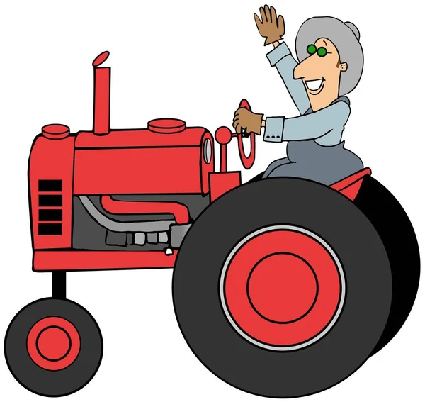 Ilustración Agricultor Saludando Mientras Conduce Viejo Tractor Rojo — Foto de Stock