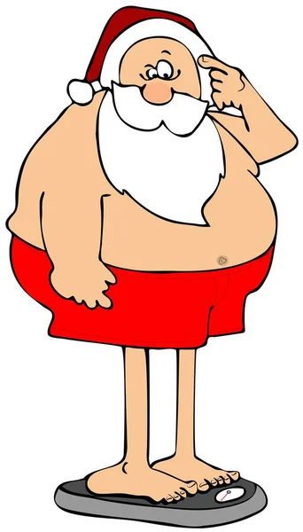 Noel Baba Banyo Baskülleri üzerinde duran ve kendini ağırlığında sadece onun iç çamaşırı giyiyor çizimi.