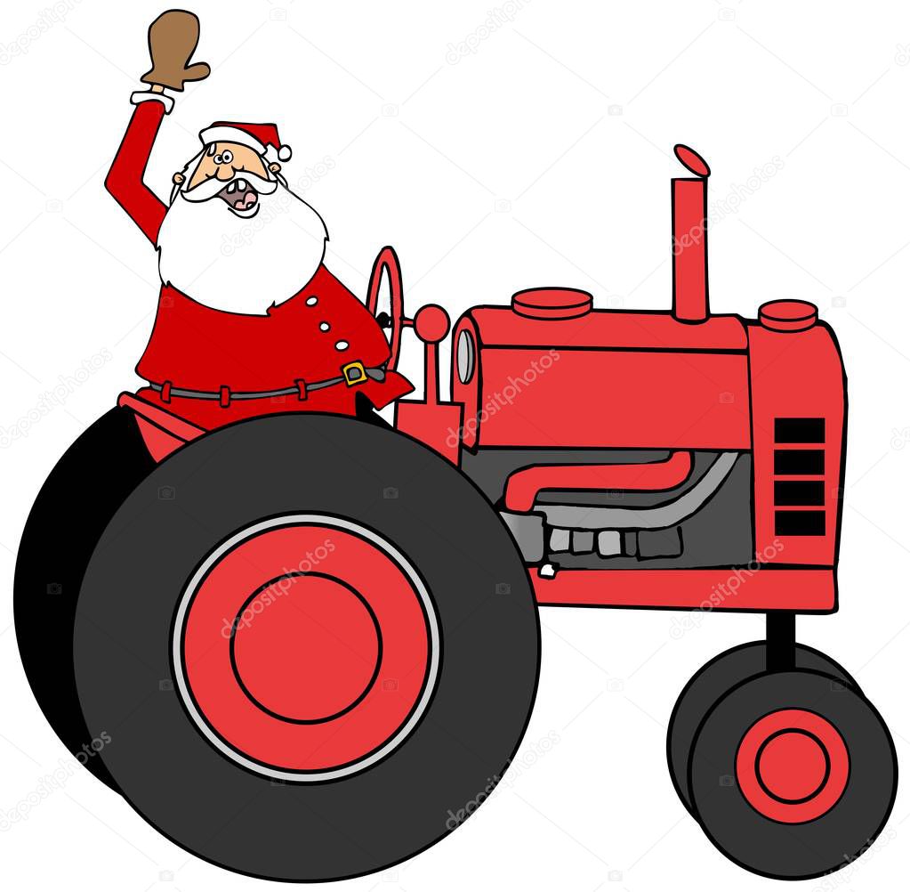 Illustration of Santa Claus driving a red tractor while waving with one arm.