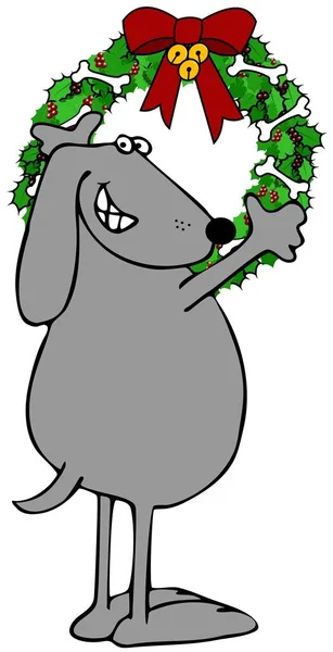 Ilustrace Šedý Pes Zavěšením Vánoční Věnec Kostmi Které Jsou Připojeny — Stock fotografie