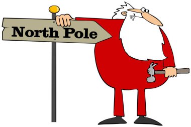Claus Santa ahşap bir işaret koyarak illüstrasyon Kuzey Kutbu'na işaret.