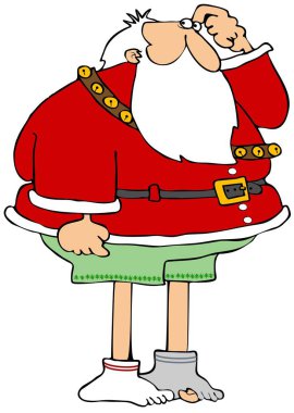 Onun ceket ve yeşil iç çamaşırı giyiyor başını tırmalamak şaşkın bir Noel Baba çizimi.