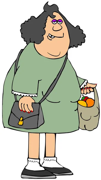 Illustration Chubby Brunette Woman Wearing Dress Carrying Sack Fruit — Stock Photo, Image