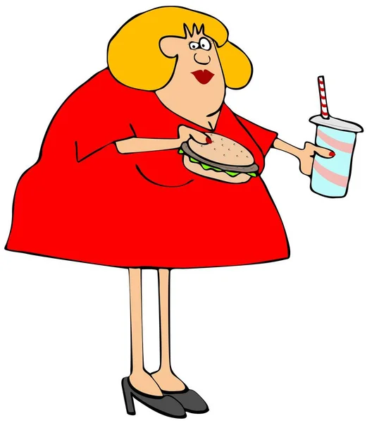 Illustration Une Femme Joufflue Tenant Hamburger Une Tasse Boisson Gazeuse — Photo