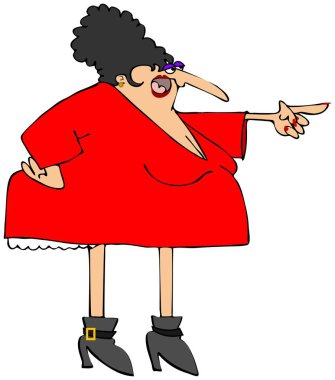 Bağırıyor ve onun kalça üzerine tek eliyle işaret bir elbiseyle bir tombul kızgın kadın çizimi.