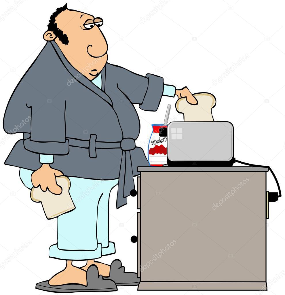 Illustration of a tired man wearing a robe and pajamas dropping slices of bread into an electric toaster.