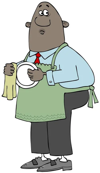 一个黑人商人穿着围裙 用毛巾擦干盘子的插图 — 图库照片