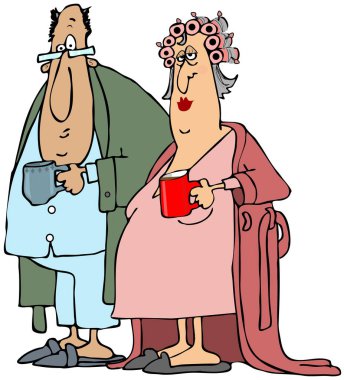 Bir yaşlı adam ve pijama ve bardak kahve tutan elbiseler giyen kadın çizimi.