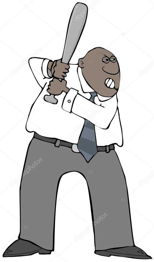 Illustration of an angry black businessman swinging an aluminum baseball bat.