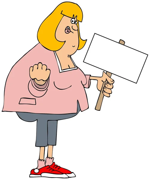 Illustration of an angry white woman holding a protest sign and making a fist.