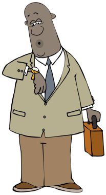 Siyah bir işadamı bir canta tasiyan ve kol zamanında kontrol çizimi.