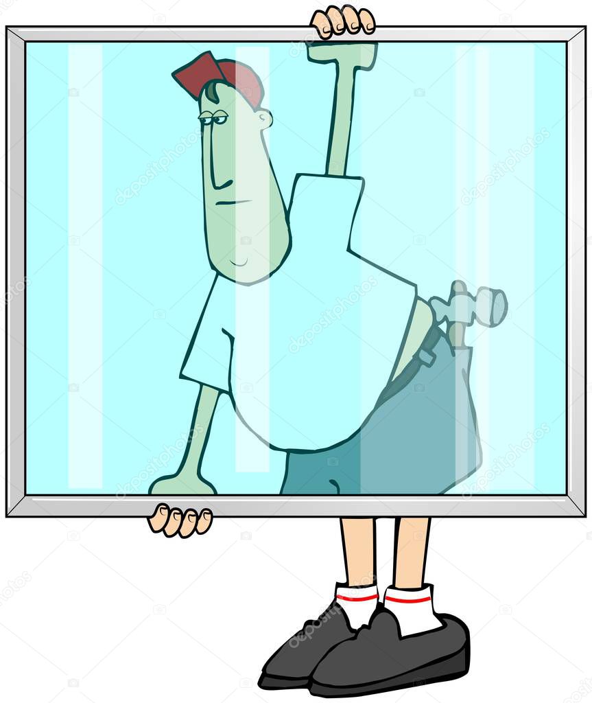 Illustration of a male worker carrying a large glass window by himself.