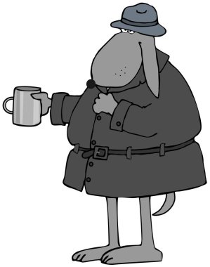 Bir şapka ve trençkot giyen ve bir teneke kupa için para tutan evsiz bir gri köpek resmi.