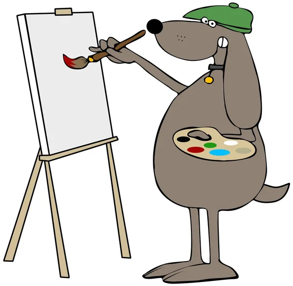 Illustration Dog Wearing Beret Painting Canvas While Holding Brush Palette — Stock Photo, Image