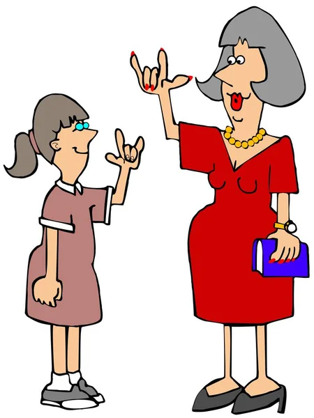 Illustration of a female hearing impaired teacher conversing with a student in American sign language.