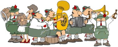 Bando ve fıçı bira ile bir Oktoberfest parti Bavarians gösteren çizim.