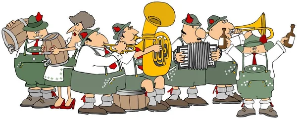 Bando ve fıçı bira ile bir Oktoberfest parti Bavarians gösteren çizim.