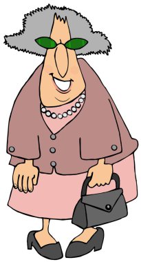 Yaşlı bir kadın çantası tutarak ve pembe tonlarında giyinmiş kadın çizimi.