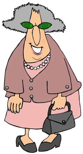 Ілюстрація Старої Жінки Тримає Гаманець Одягнена Відтінки Рожевого — стокове фото