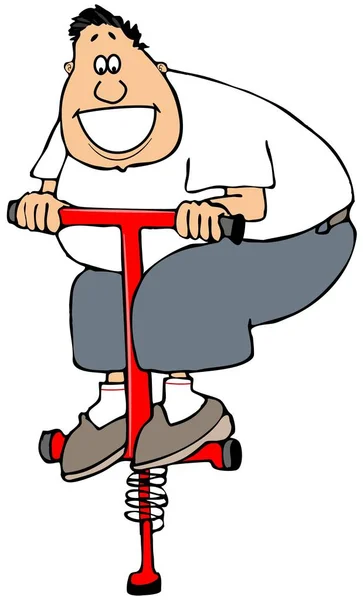 Illustration of a fat man jumping up and down on a red pogo stick.