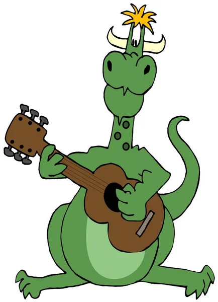 Illustration of a green dragon strumming a guitar.