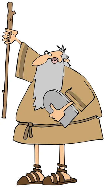 Illustration of Moses carrying the 10 commandments and raising his staff to the heavens.