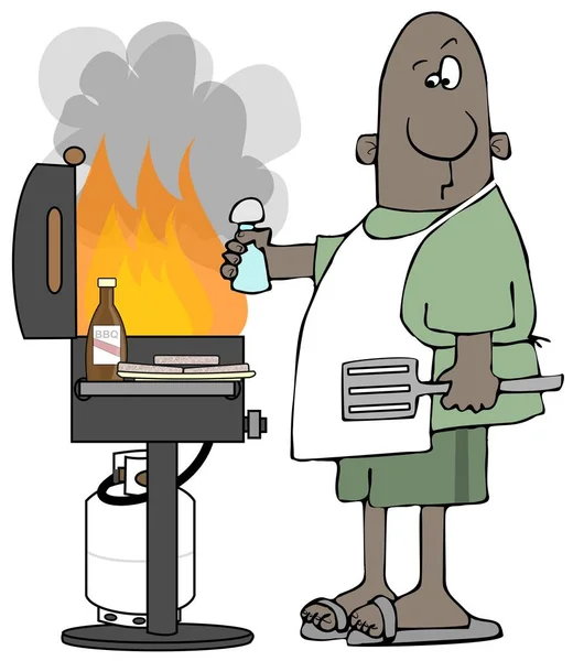 Illustration Eines Ethnischen Mannes Der Beim Kochen Von Hamburgern Mit — Stockfoto