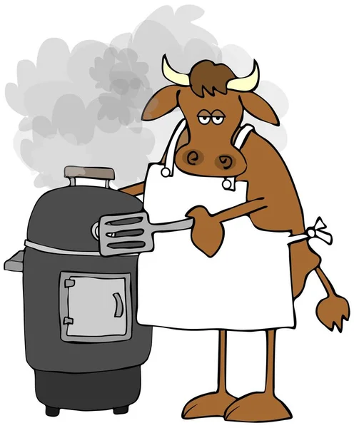 Illustration Einer Kuh Mit Schürze Und Dem Kochen Von Fleisch — Stockfoto