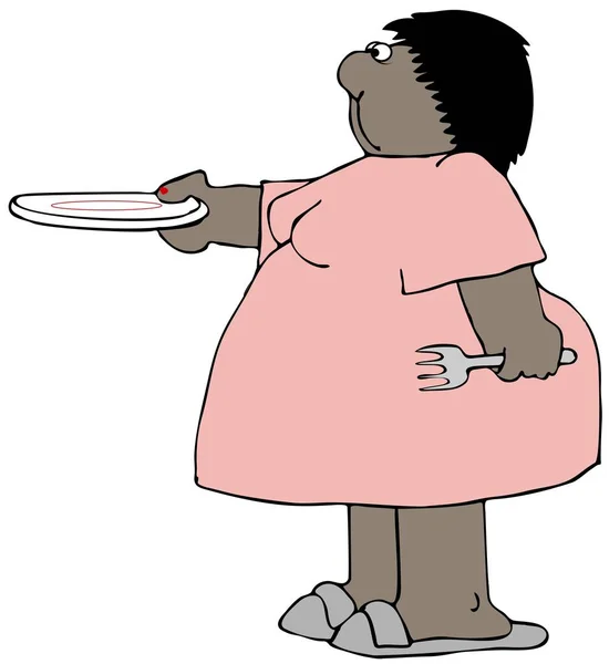 空のディナープレートを持つぽっちゃり黒人女性のイラスト — ストック写真
