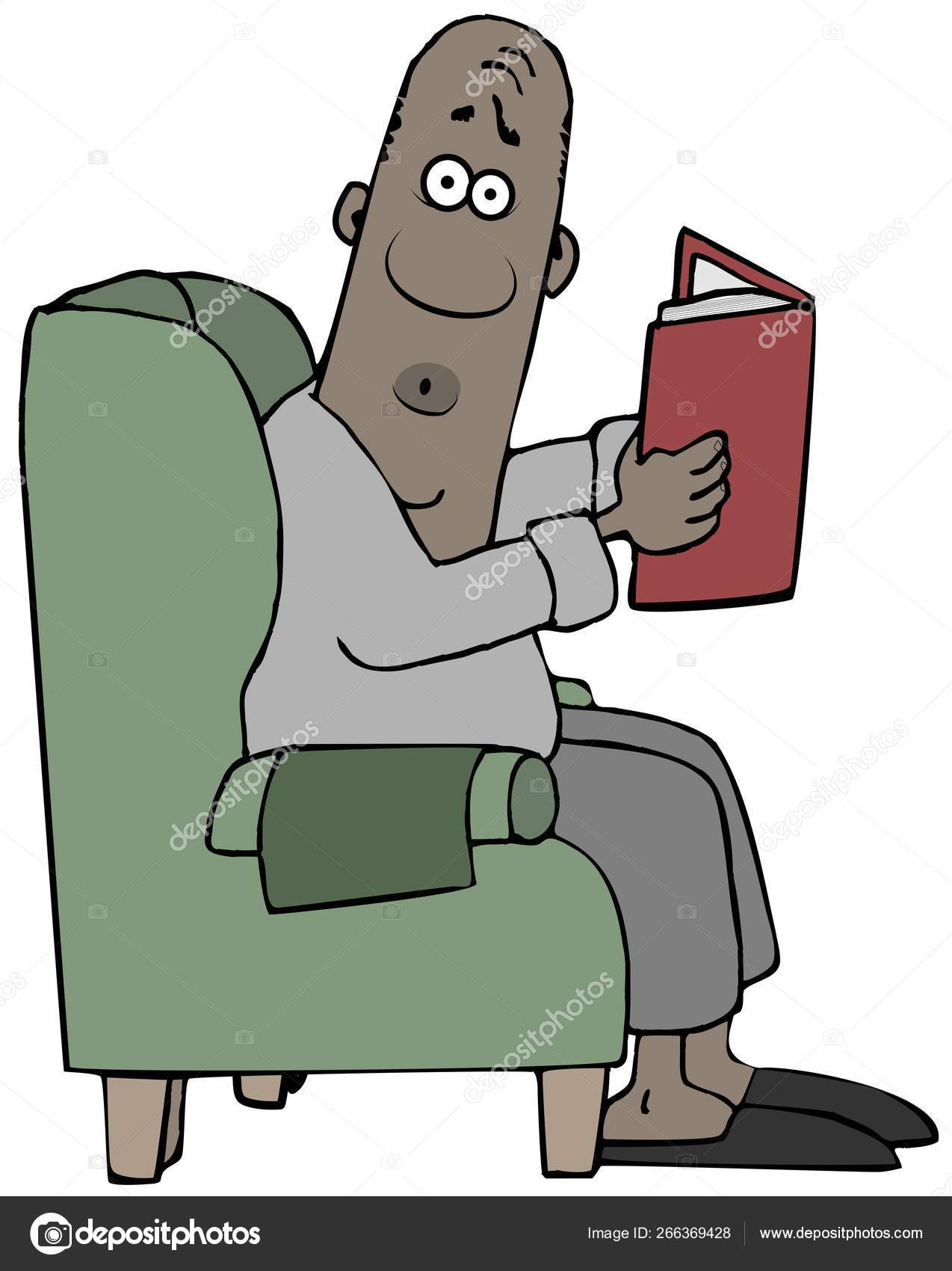 椅子に座って開いた本から読む驚いた黒人男性のイラスト ストック写真 C Caraman