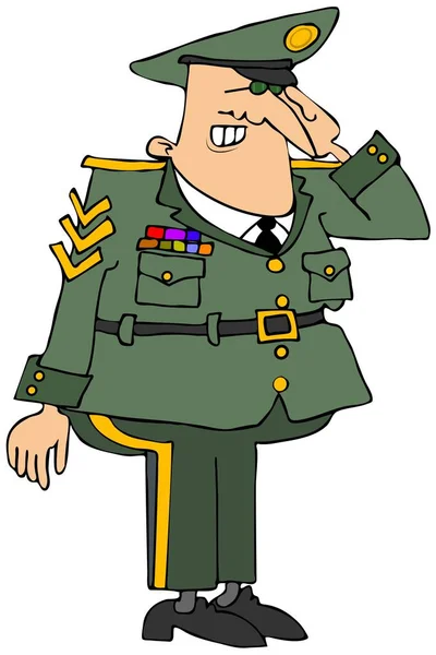 Illustration of a military officer in uniform standing at attention and saluting.