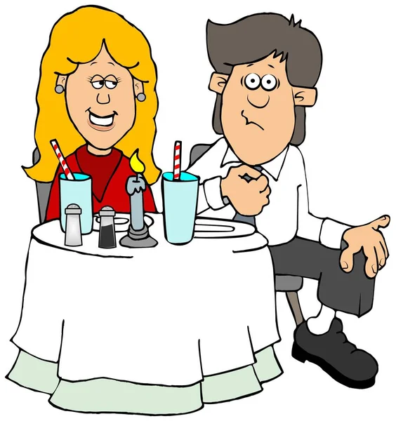 Illustration of a nervous young couple seated at a restaurant table on their first date.