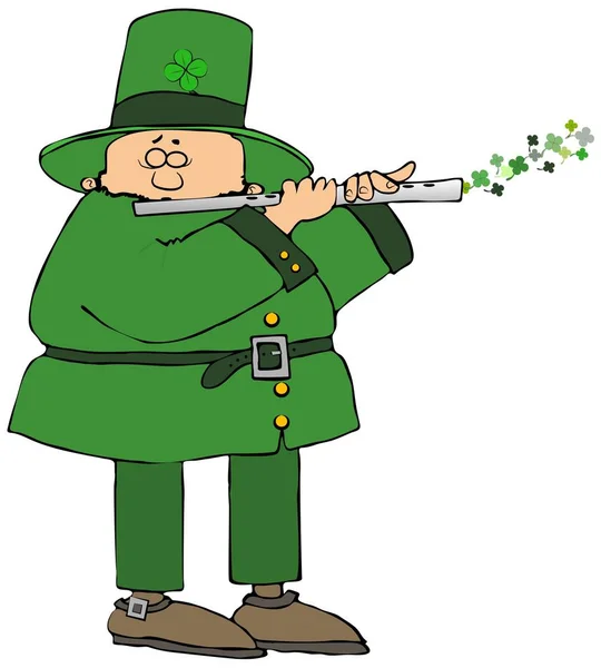 Ilustrasi Leprechaun Irlandia Dengan Mata Tertutup Bermain Suling Dengan Shamrock — Stok Foto