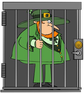 İrlandalı bir leprechaun illüstrasyon bir hapishane hücresinden dışarı bakıyor.
