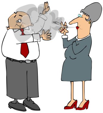 Bir kadın sigara içen bir adam yüz içine duman üfleme İllüstrasyon onun uzak el sallamak için çalışıyor.
