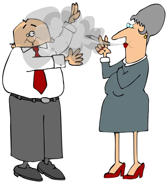 Ilustración Una Mujer Fumadora Soplando Humo Cara Hombre Que Tratando — Foto de Stock