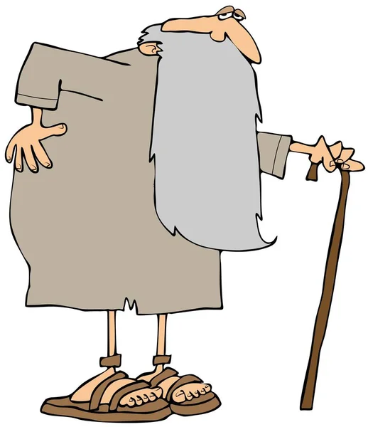 Illustration of an old man wearing a robe and sandals with a very long beard.