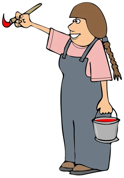 Illustration Brown Haired Girl Wearing Coveralls Holding Paint Can Painting — Stock Photo, Image